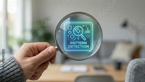 Pattern detection machine learning visual analysis concept magnifying glass highlighting data patterns and charts conveying insight and discovery