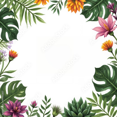 Vibrant Tropical Floral Frame with Greenery and Colorful Flowers