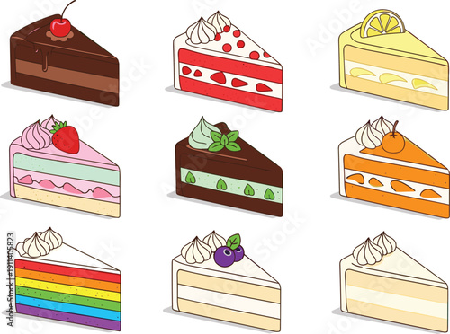 Colorful cake slice illustration set. Chocolate, strawberry, lemon and rainbow layered desserts. Sweet bakery collection with fruit toppings and cream frosting.