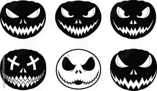 Black Halloween Pumpkin Silhouette Vector Set Featuring Scary Jack O' Lantern Faces Isolated on White Background for Spooky Holiday Party Graphic Design and Autumn Decor.