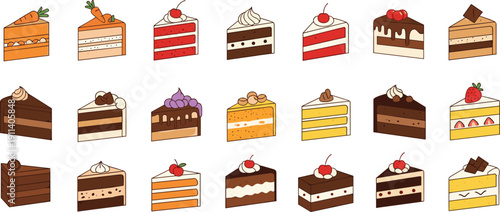 Assorted cake slice cartoon collection. Chocolate, strawberry and vanilla layered desserts. Sweet bakery illustration set with cherries and cream toppings.