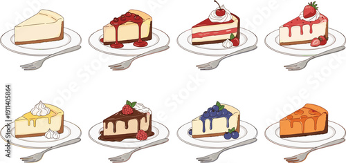 Cheesecake slice illustration set. Strawberry, blueberry and chocolate topping desserts on plates. Sweet bakery collection of creamy layered cake pieces.
