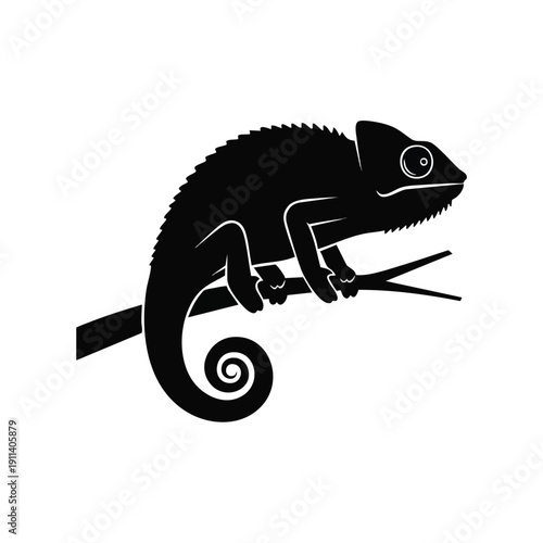 Black Silhouette of a Chameleon on a Branch.