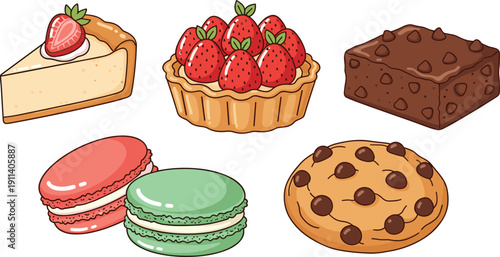Cute dessert illustration set. Cheesecake slice, strawberry tart and chocolate brownie. Macarons and chocolate chip cookie cartoon bakery collection.
