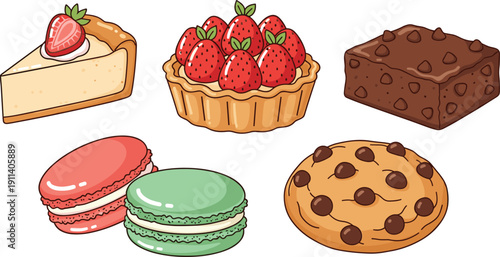 Sweet dessert cartoon collection. Cheesecake slice, strawberry tart and brownie illustration. Cute macarons and chocolate chip cookie bakery set.
