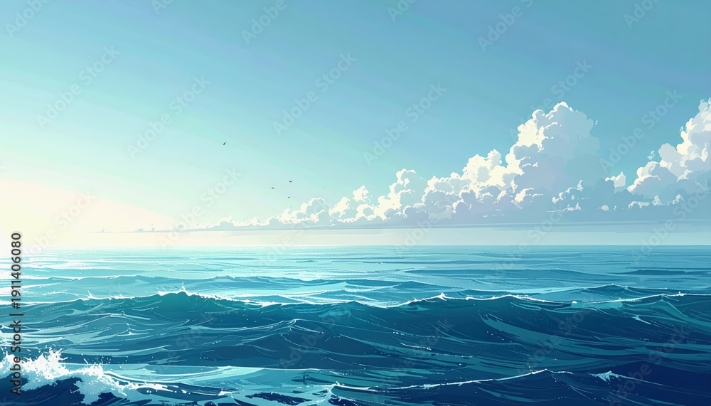 Obraz premium Calm Sea with Gentle Waves and Soft Clouds at Sunrise, Birds Flying