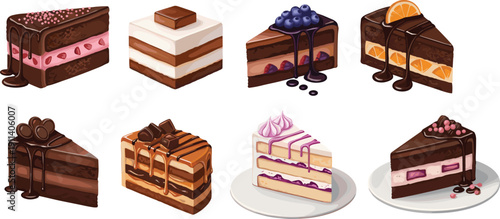 Gourmet cake slice illustration set. Chocolate, berry and citrus layered desserts with dripping glaze. Sweet bakery collection with creamy fillings and fruit toppings.