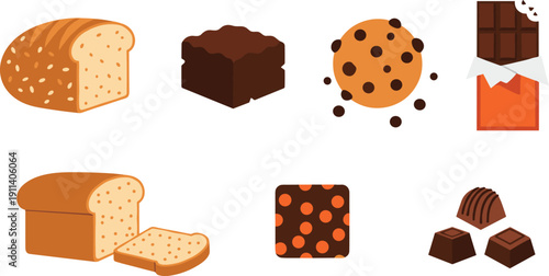 Bakery and chocolate cartoon icon set. Bread loaf, brownie, cookie and chocolate bar illustrations. Sweet snack collection in flat minimal style.