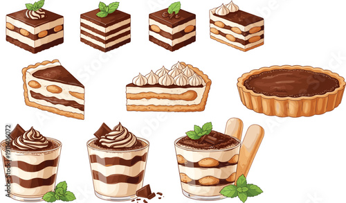 Tiramisu dessert illustration set. Layered cake slices, tart and creamy glass cups. Sweet Italian bakery collection with cocoa and mint decoration.
