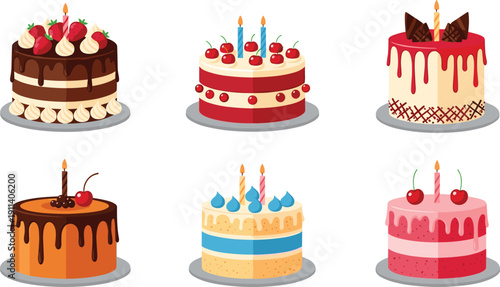 Birthday cake cartoon collection. Colorful layered celebration cakes with candles and cherries. Sweet party dessert illustrations with dripping glaze and cream decorations.