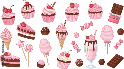 Pink dessert cartoon collection. Cupcakes, ice cream and sweet candy illustrations. Cute strawberry bakery treats with chocolate bars and milkshake elements.