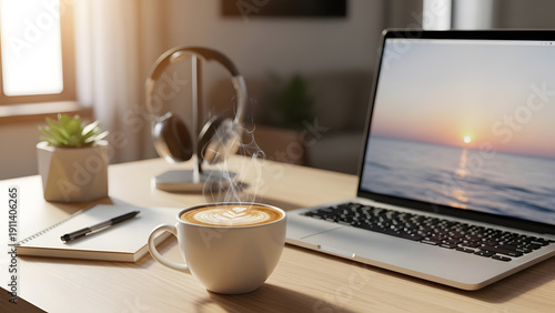 Warm home office setup featuring a steaming latte and a beautiful ocean view on a computer screen at dusk