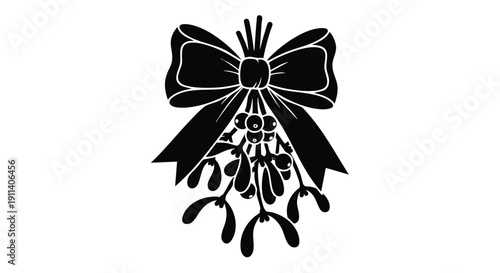 Black Silhouette of a Festive Mistletoe Bunch with a Bow.