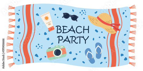 Beach Party Essentials: A whimsical illustration of a beach towel adorned with summer essentials, evoking the joy and relaxation of a sunny seaside gathering.