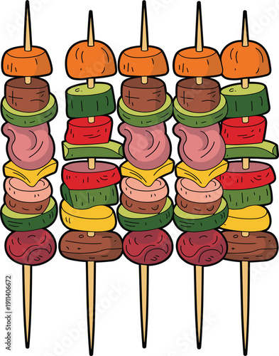 Grilled meat and vegetable skewers vector set, delicious barbecue kabobs with pepper, onion and tomato, summer cookout