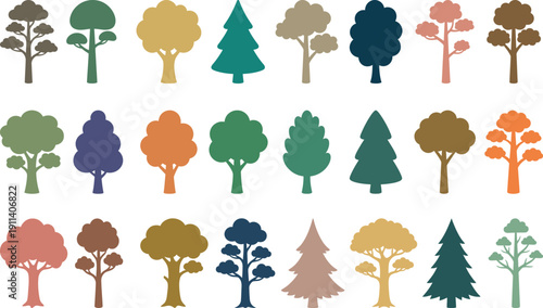 A vector illustration set of tree silhouettes showing green spring and summer trees and autumn forest elements in a decorative nature design