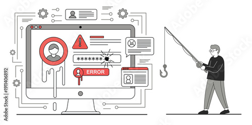 Digital Phishing Threat: An illustration depicting a person using a fishing rod to steal data from a vulnerable computer screen, with warning signs.
