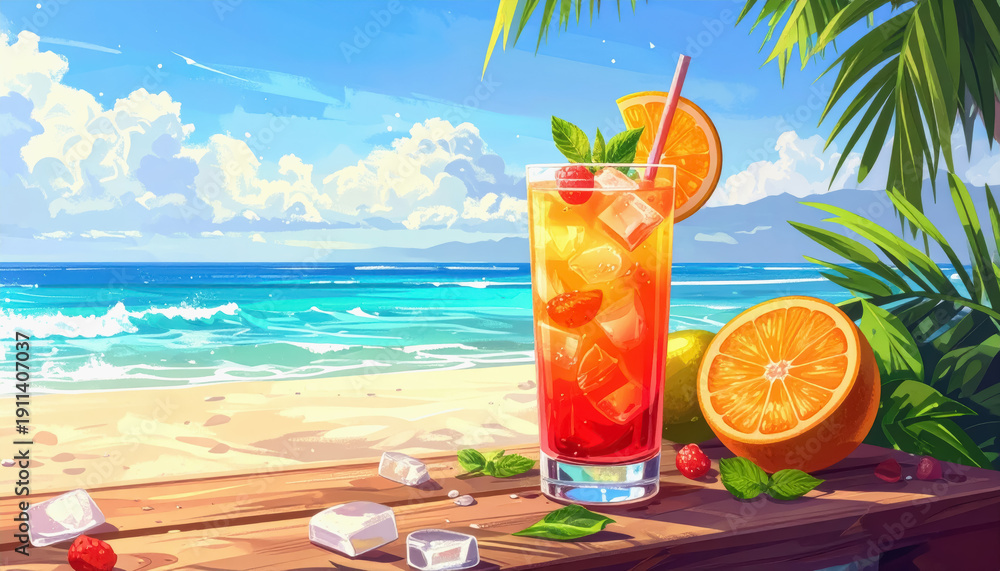 Obraz premium Beachside Cocktail with Berries, Orange, and Mint
