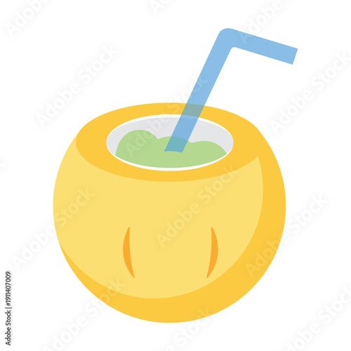 Tropical Delight: A vibrant illustration showcasing a refreshing coconut, perfectly crafted with a straw, capturing the essence of a tropical oasis and blissful moments.