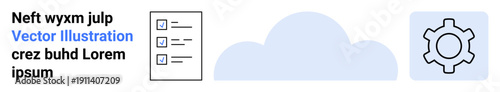 Cloud shape in light blue accompanied by a gear icon and checklist elements. Ideal for technology, cloud computing, task management, productivity tools, data storage, system settings, simple landing
