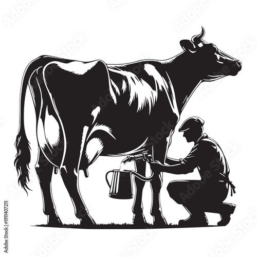 Black Cow milking farmer Silhouette Vector, High Quality Illustration on White Background