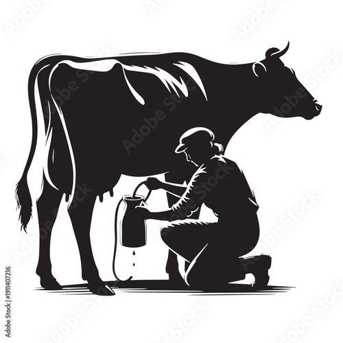 Black Cow milking farmer Silhouette Vector, High Quality Illustration on White Background