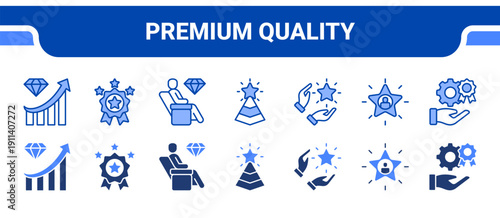Premium Quality Icon Collection,  featuring Premium, Premium quality, First class, Top tier, Exceptional, Outstanding, Superb.