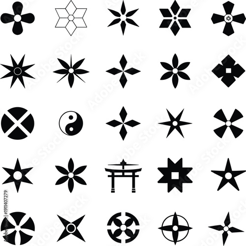 Japanese Symbol Icons Vector Set, Traditional Floral Crests, Geometric Star Emblems and Yin Yang Sign Collection for Logo, Tattoo and Graphic Design