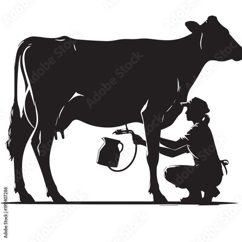 Black Cow milking farmer Silhouette Vector, High Quality Illustration on White Background
