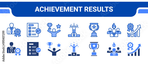 Achievement Results Icon Collection,  featuring Achievement, Results, Success, Champion, Excellence awards, Leader, Performance.