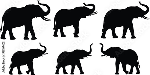 Collection of Elephant Silhouette Vector Icons Featuring Wild African Animals in Various Walking and Trumpeting Poses Isolated on White Background