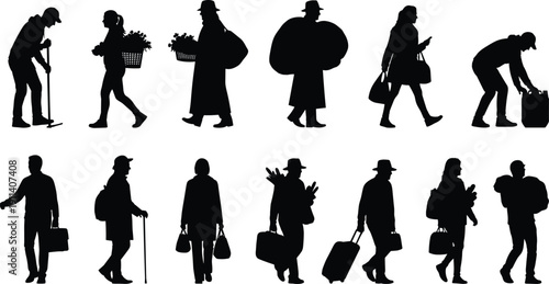 Black People Silhouette Vector Set Featuring Diverse Men and Women Carrying Shopping Bags Baskets Backpacks and Travel Luggage Isolated on White Background for Lifestyle Design.