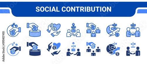 Social Contribution Icon Collection,  featuring Contribution, Charity, Generosity, Support, Humanity, Development, Commitment.