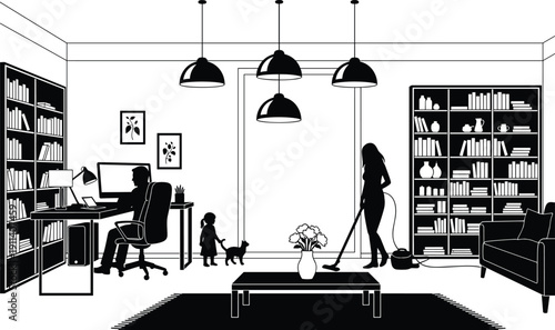 Modern family living room interior with parents working and cleaning, child and pet silhouette illustration isolated on white background