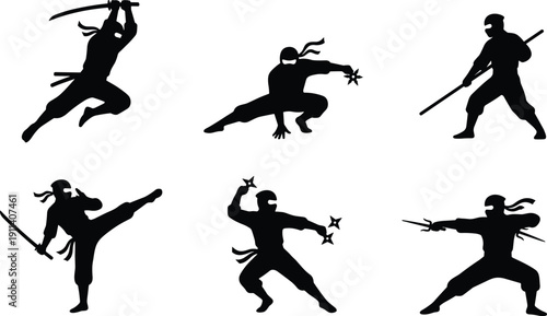 Ninja Warrior Silhouettes Vector Set, Japanese Shinobi Action Poses with Katana Sword and Shuriken for Martial Arts Design