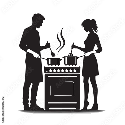 Black Cooking together Silhouette Vector, High Quality Illustration on White Background