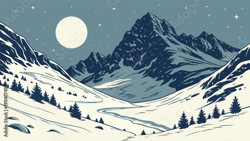 Starry Moonlit Winter Mountain Landscape Vector Illustration
