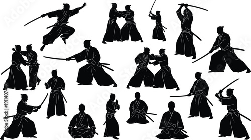 Samurai Katana Combat Silhouettes Vector Set, Traditional Japanese Warrior Fighting Poses Collection Isolated on White Background for Martial Arts Design