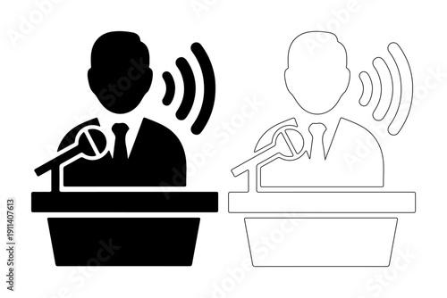 Icon representing a speaker at a podium with sound waves emanating from them, symbolizing communication and public speaking.
