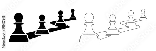 Chess pawns march forward on a path, symbolizing strategy and progression