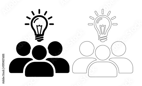 Diverse group of people collaborating to generate innovative ideas with a glowing lightbulb symbolizing inspiration.