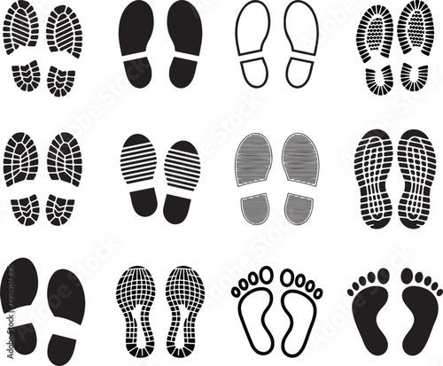 Diverse collection of shoeprints and human footprints in various styles and tread patterns