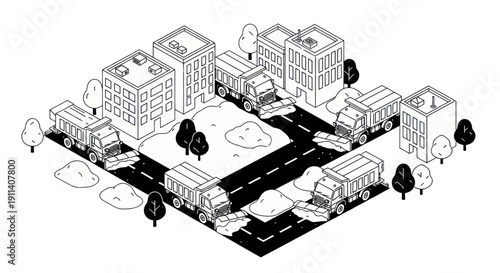 Isometric Snow Plow Trucks Clearing City Streets in Winter