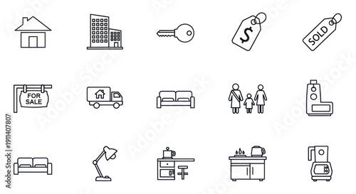Real Estate Icons: House, Key, Sold Sign, Moving Truck, Furniture, Family