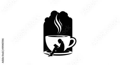 Silhouette of woman reading book in a coffee cup with steam