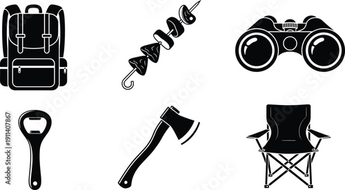 Black silhouette collection of camping gear icons including backpack binoculars axe folding chair and barbecue skewer isolated on white background for outdoor adventure design