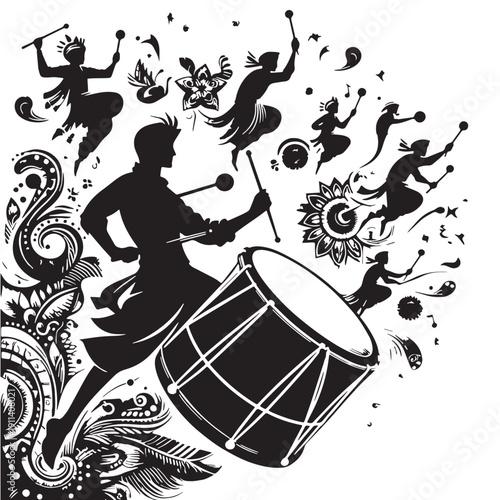 Black Drum playing festival Silhouette Vector, High Quality Illustration on White Background