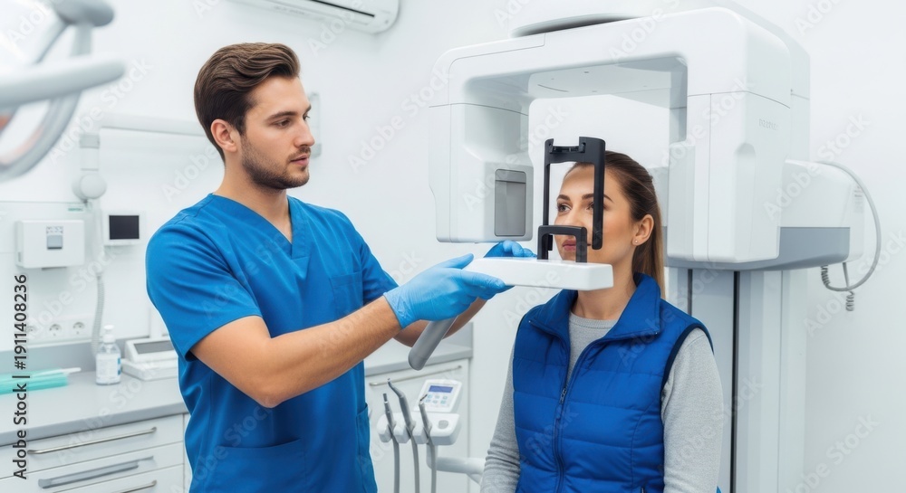 Obraz premium Dentist using a digital scanner to examine a patient's teeth in a clinic.