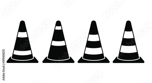 Four traffic cones arranged in a row a stark black silhouette