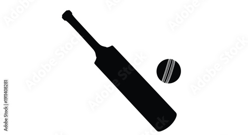 A black silhouette of a cricket bat and ball